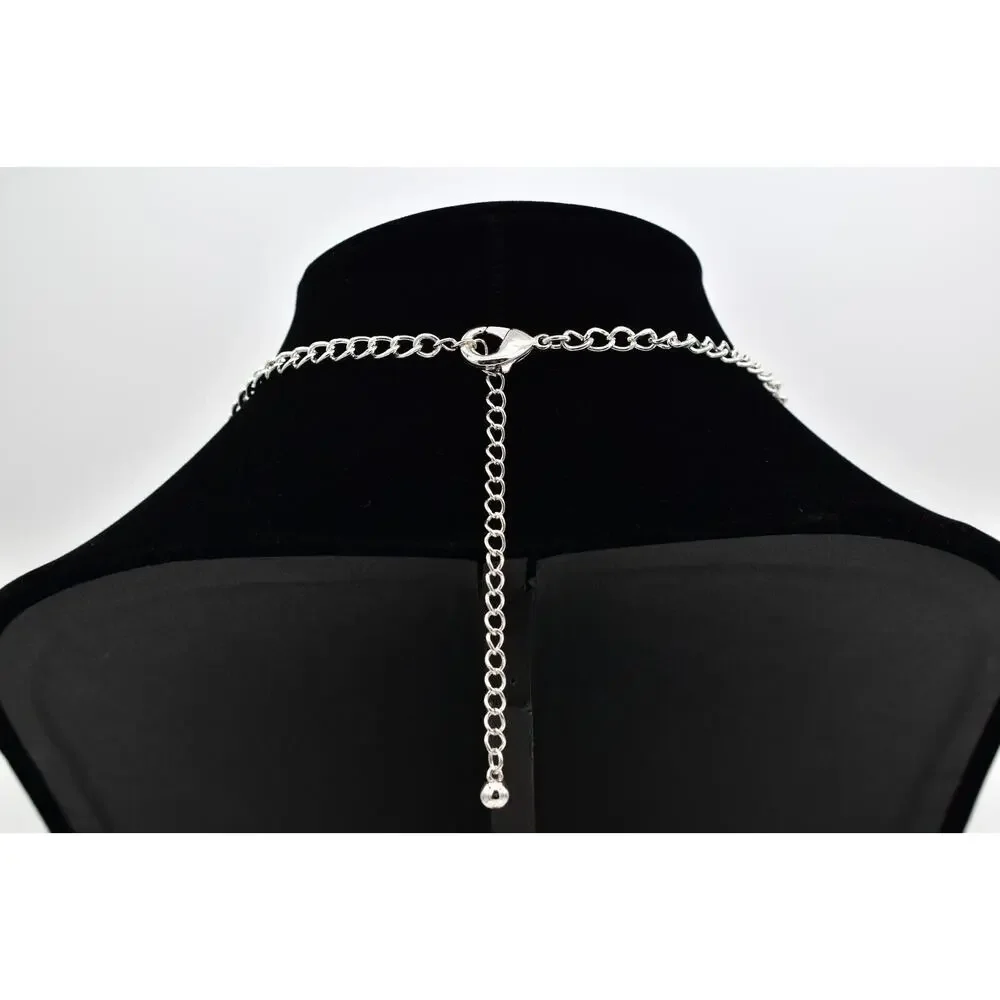 Vintage Station Chain Necklace Sky Blue Crystal Silver Tone Long Y2K BinBJ